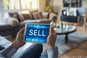 Sell stocks online concept image with a person holding a tablet with word Sell on screen representing an investor wanting to sell stocks from home