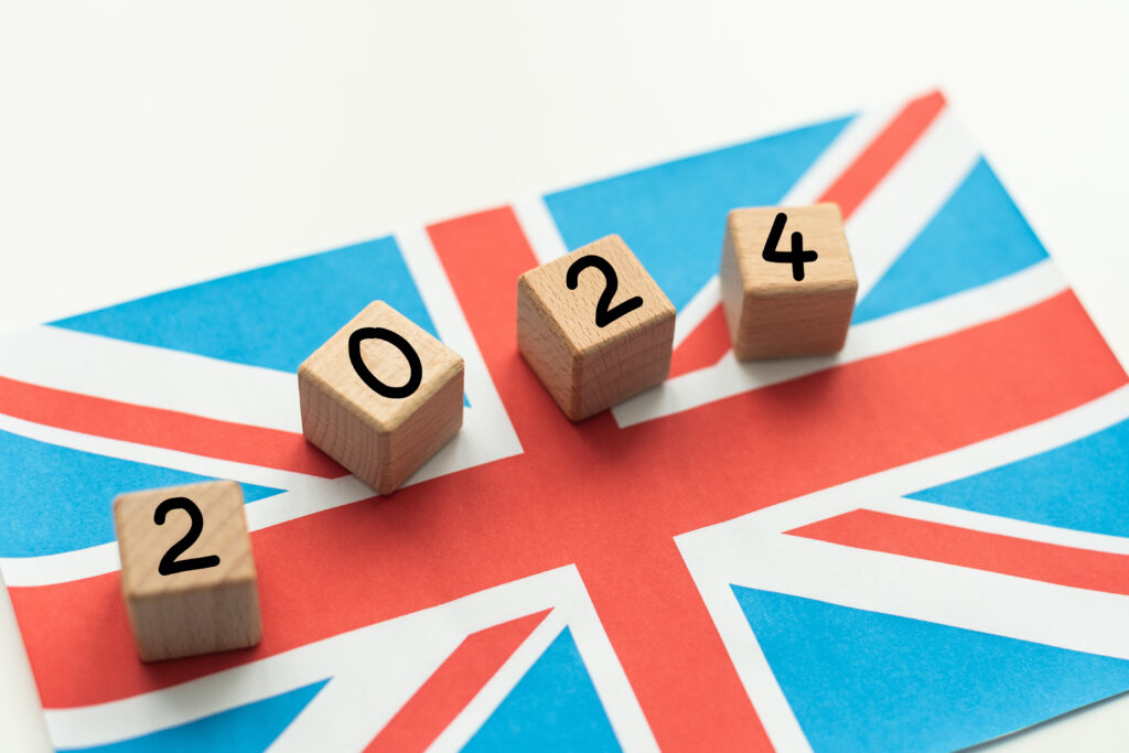 2024, United Kingdom, United Kingdom flag with date block, Concept, Important events for UK in the new year, election, economy, social activities, central bank, UK foreign policy