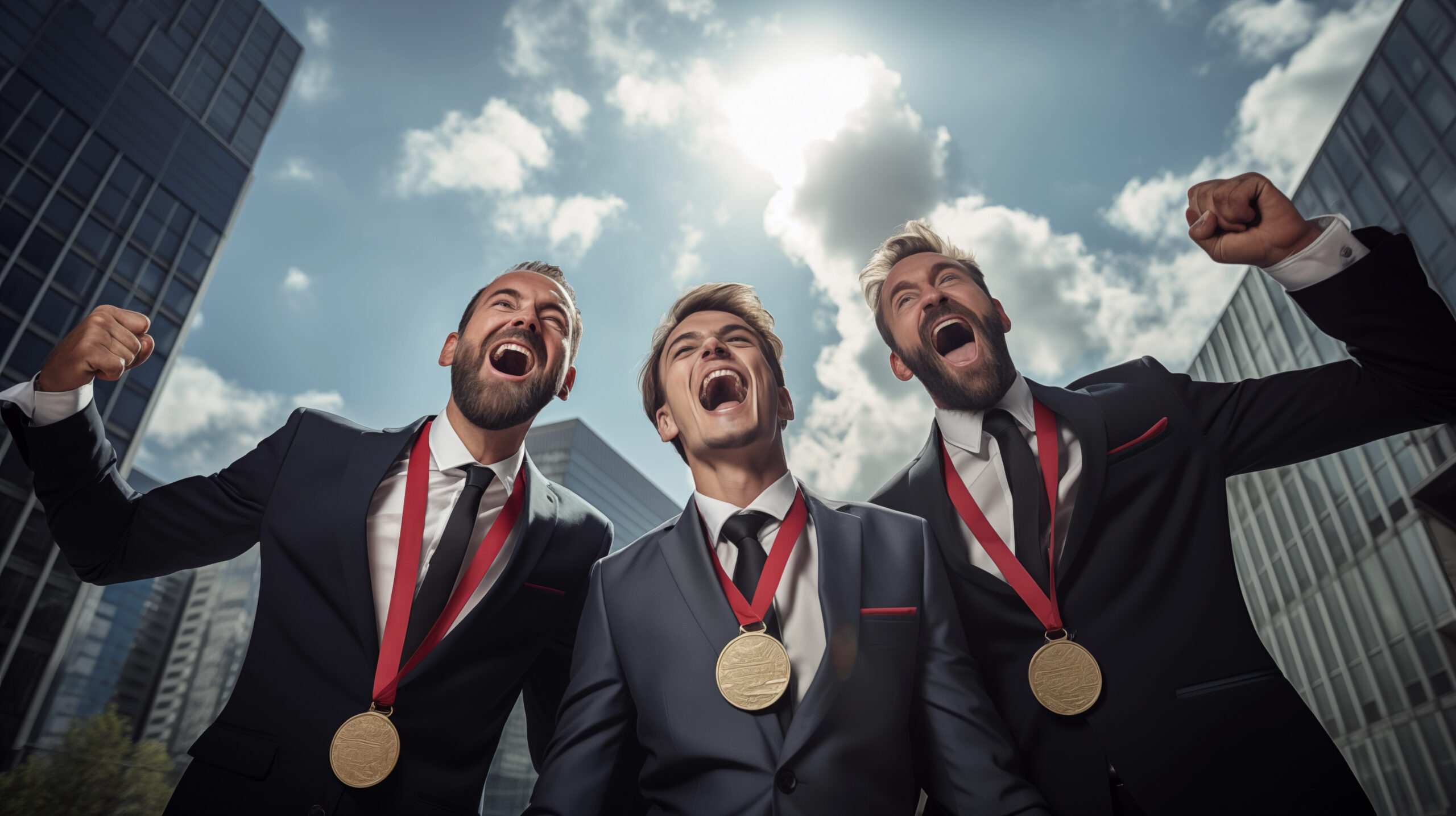 Three elegant businessmen exult with a gold medal at the neck.
