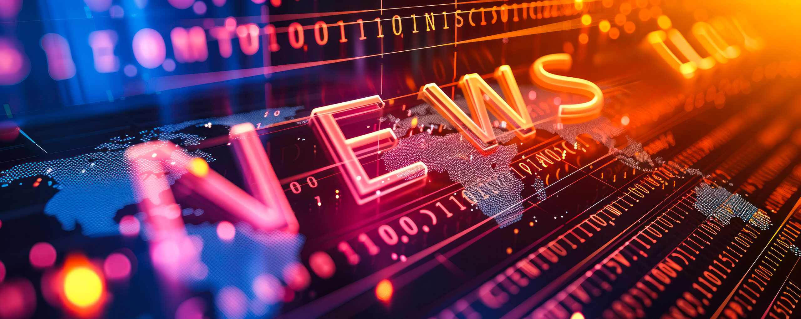 Global digital news concept with bold NEWS lettering overlaying a binary code matrix, world map, and financial graphs representing instant access to international information