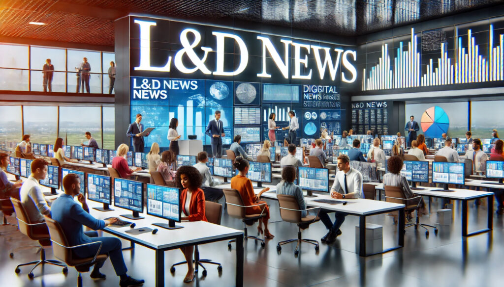 Newsroom with people and "L&D news" on big screens. Dall-e prompted by Jo Cook