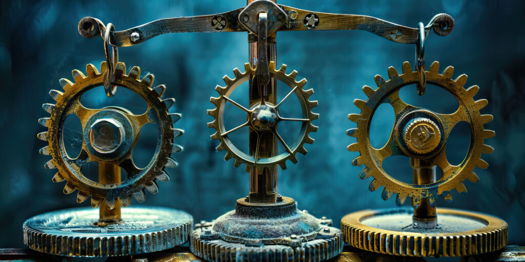 Three interlocking gears, symbolizing the three branches of government and their complex system of checks and balances