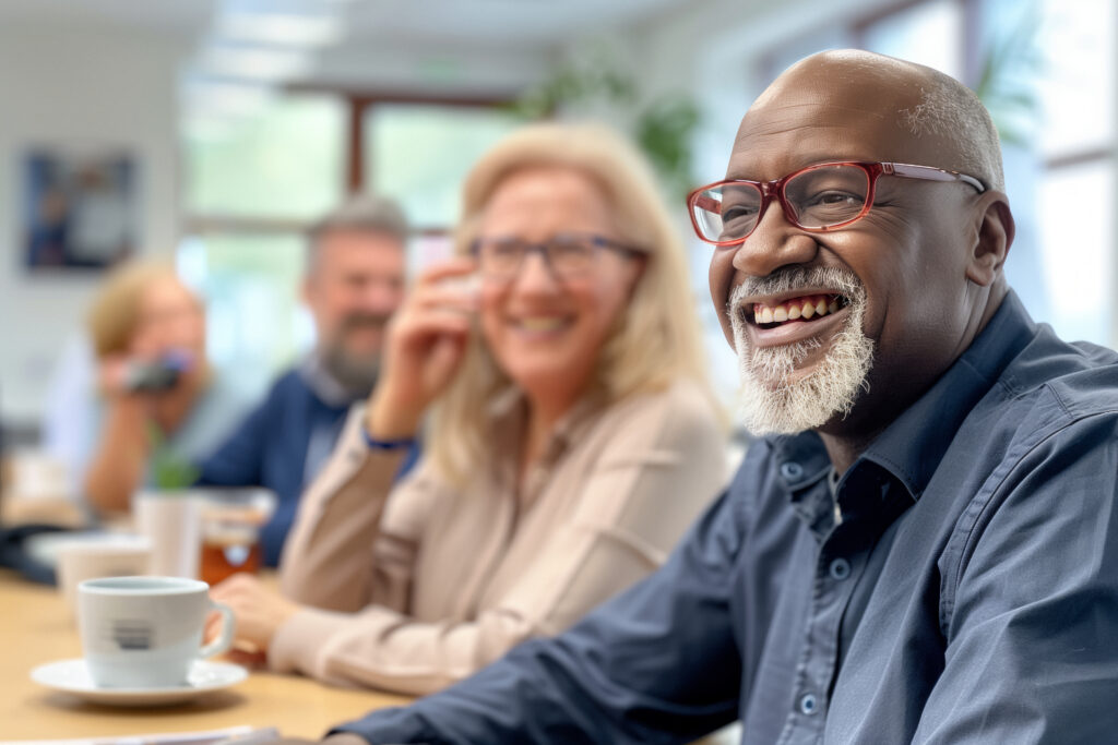 A diverse group of workers with a positive attitude demonstrating commitment and high morale in internal communications demonstrating that human resources strategies work