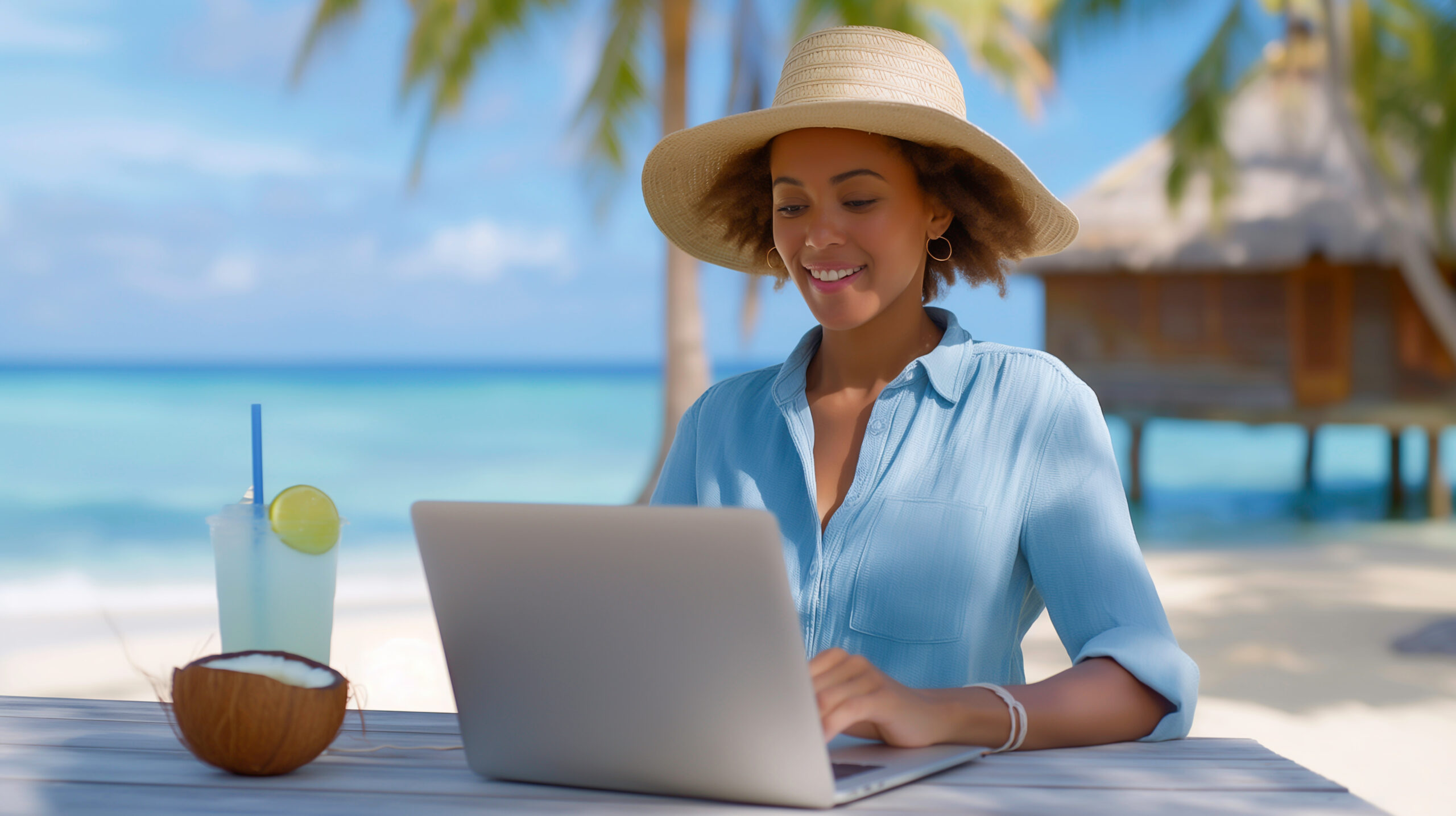 Businesswoman working on laptop while relaxing on a tropical beach vacation, workcation, travel and  flex work flexible concept.