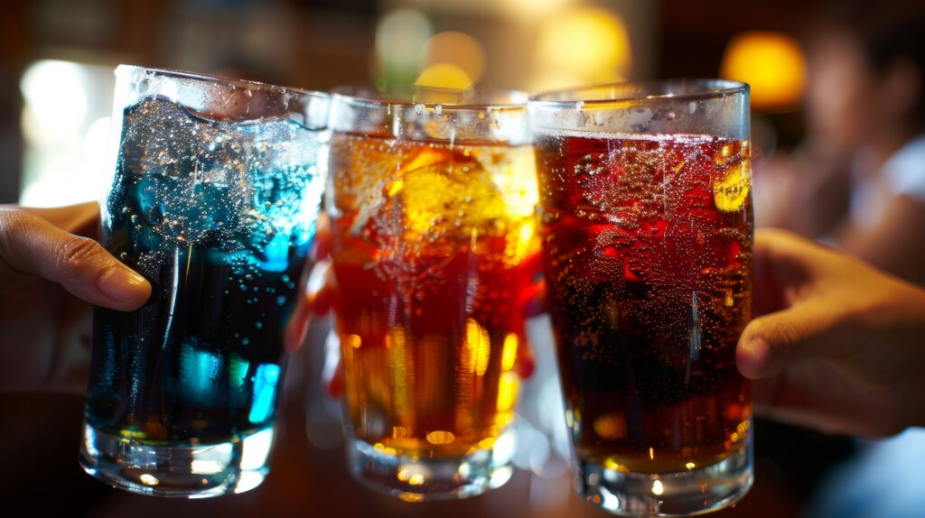 The soda samplers raise their glasses in a toast eagerly anticipating the first sip.