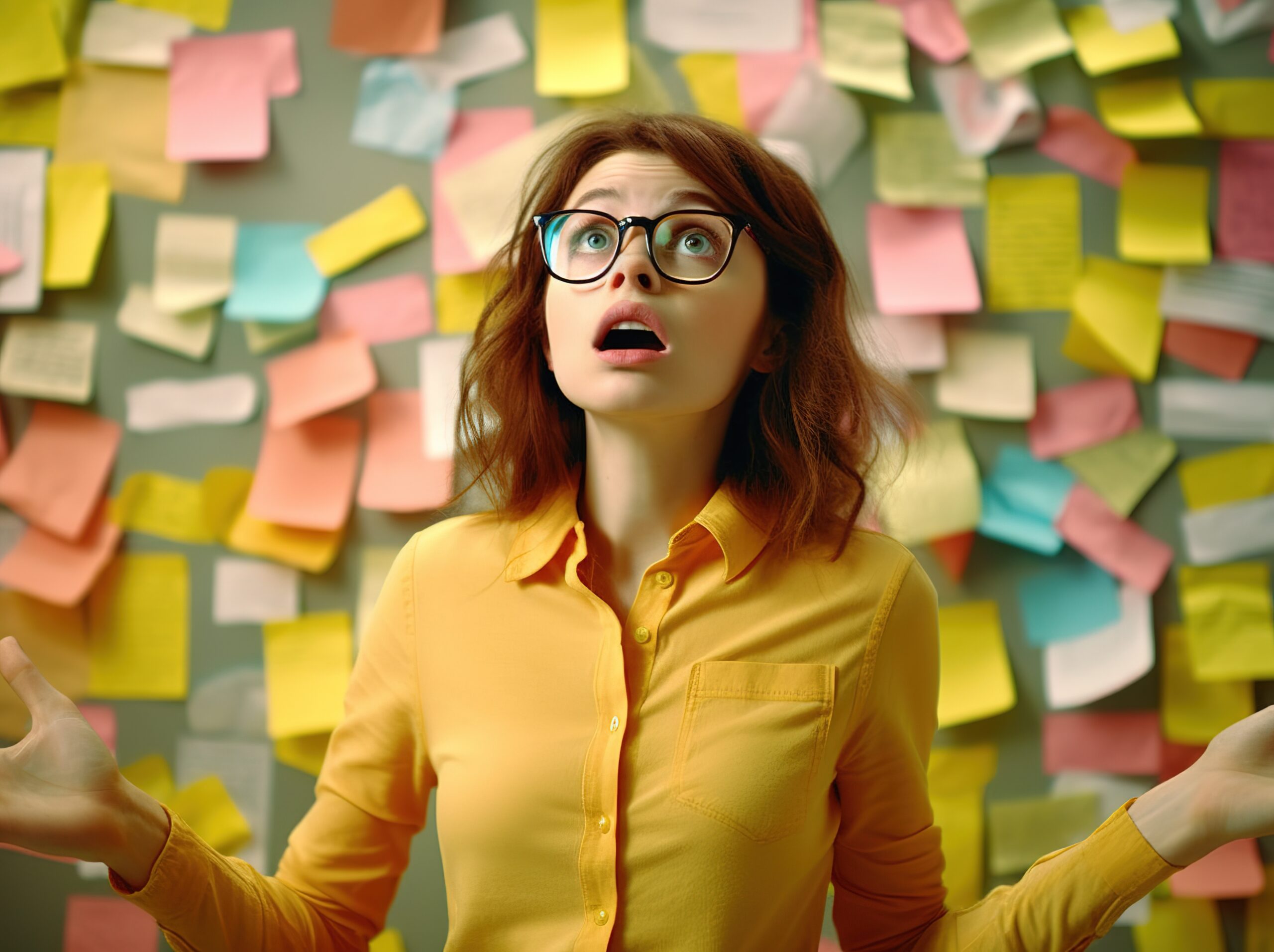 Young woman stressed in office with wall full of sticky notes. Generative AI