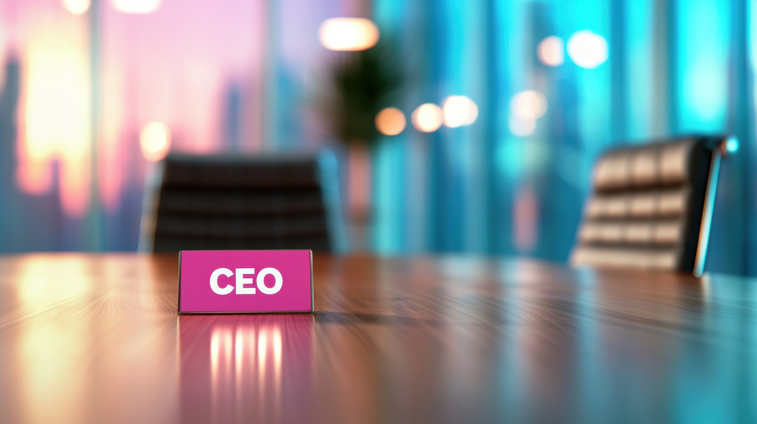 A woman sits at a boardroom table, leading a meeting with confidence and authority, a pink nameplate symbol with the word "CEO" on it placed in front of her.