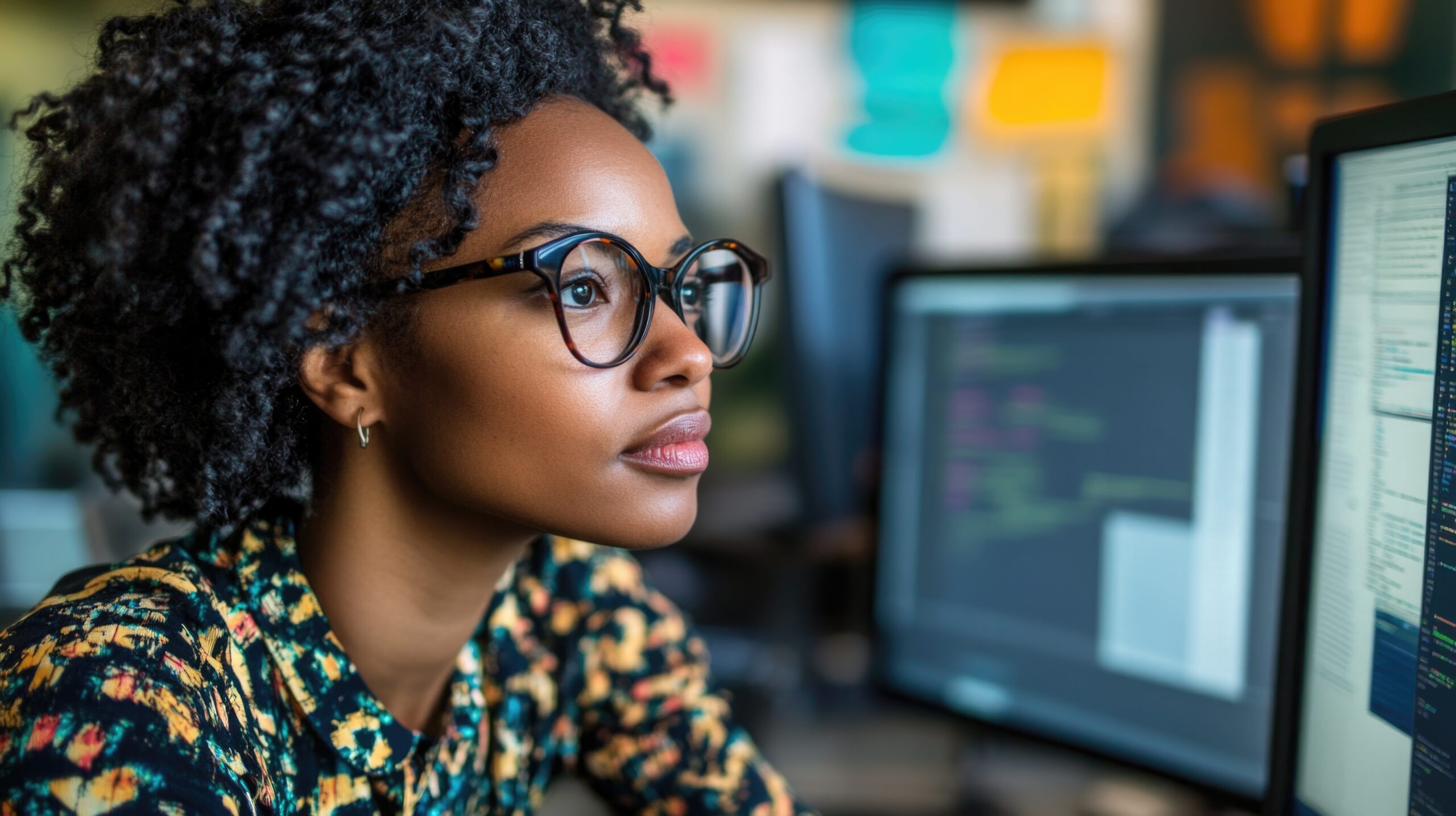 A woman wearing glasses is looking at a computer screen. She is wearing a colorful outfit and she is focused on her work