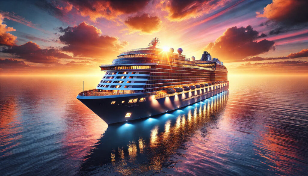 Cruise liner with a sunset background