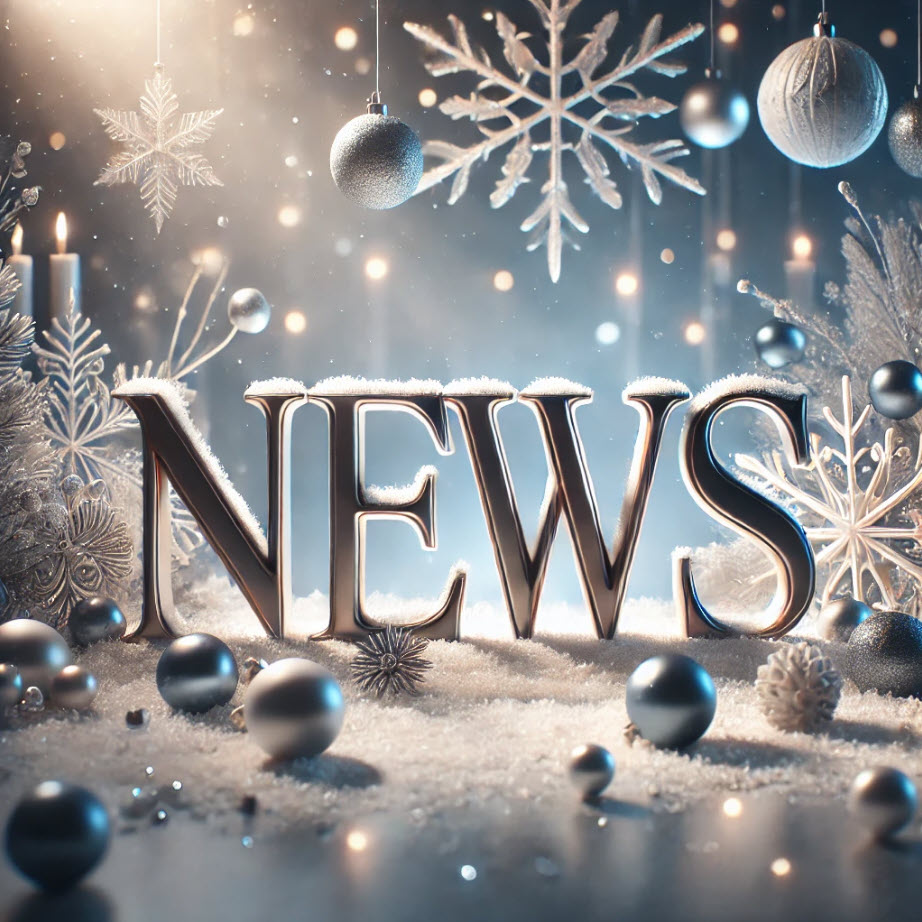 News written in a stylish silver font, with a blue snowy background and winter Christmas decorations