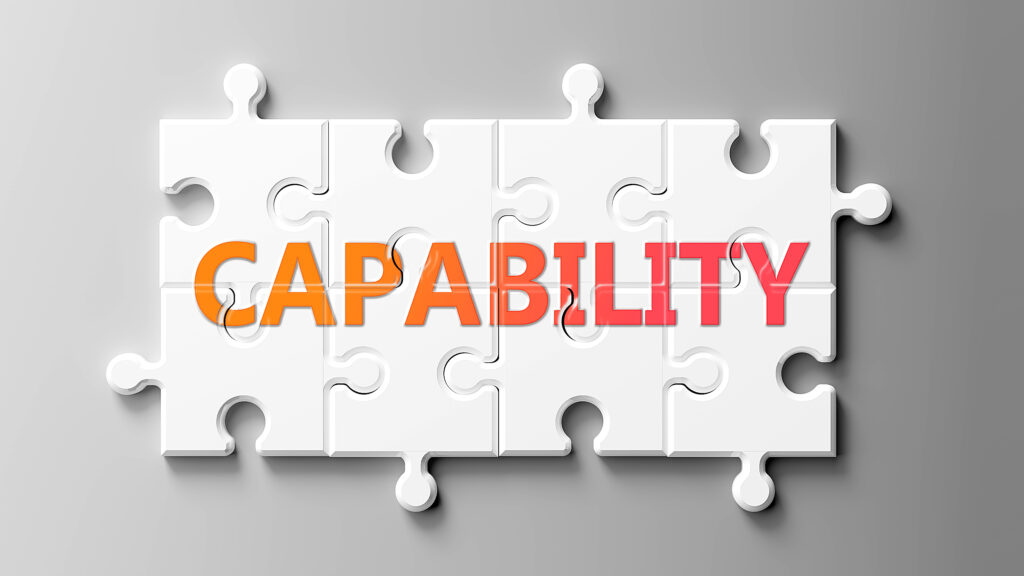 Capability complex like a puzzle - pictured as word Capability on a puzzle pieces to show that Capability can be difficult and needs cooperating pieces that fit together, 3d illustration