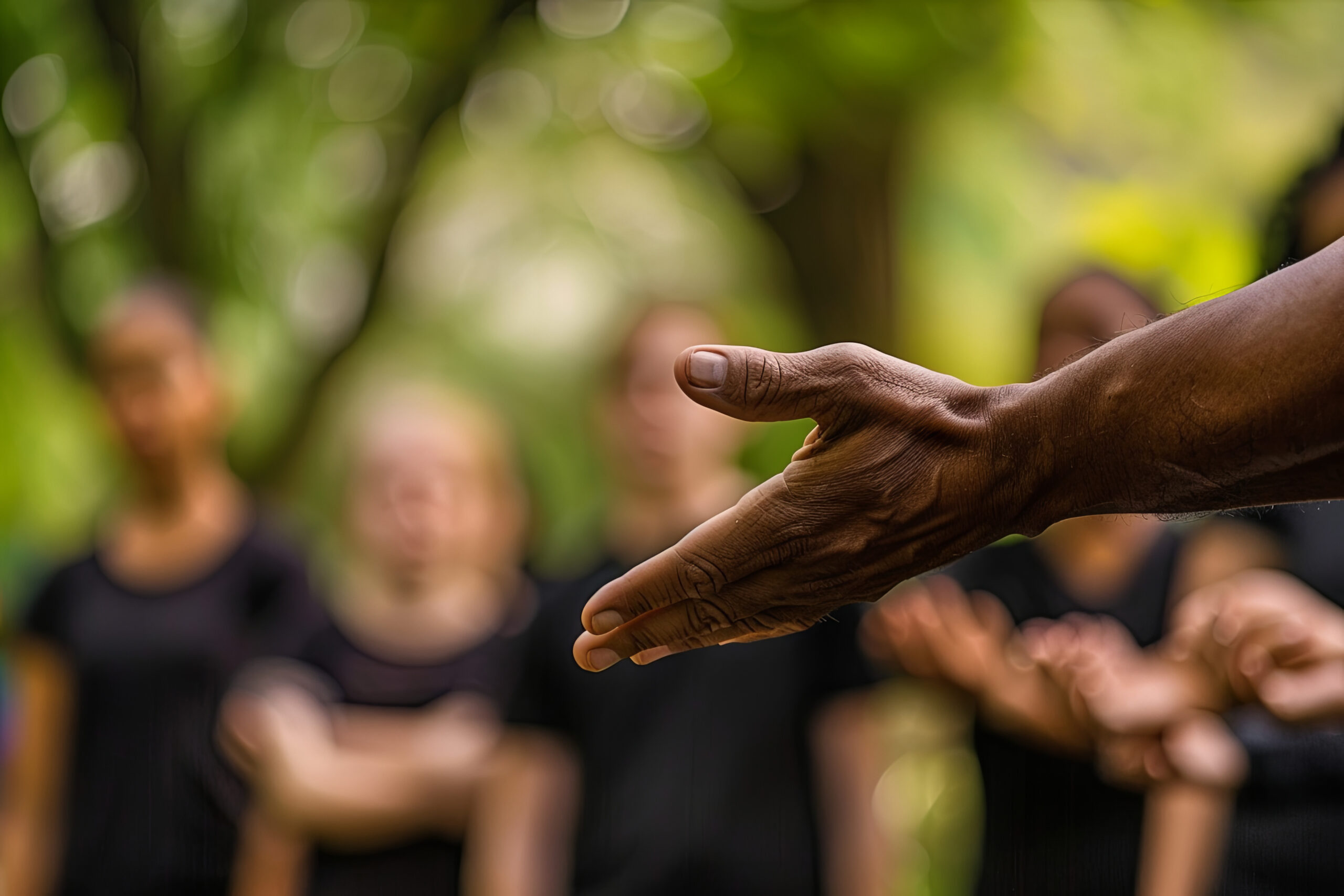 Person offering a hand to another in front of a group, symbolizing servant leadership