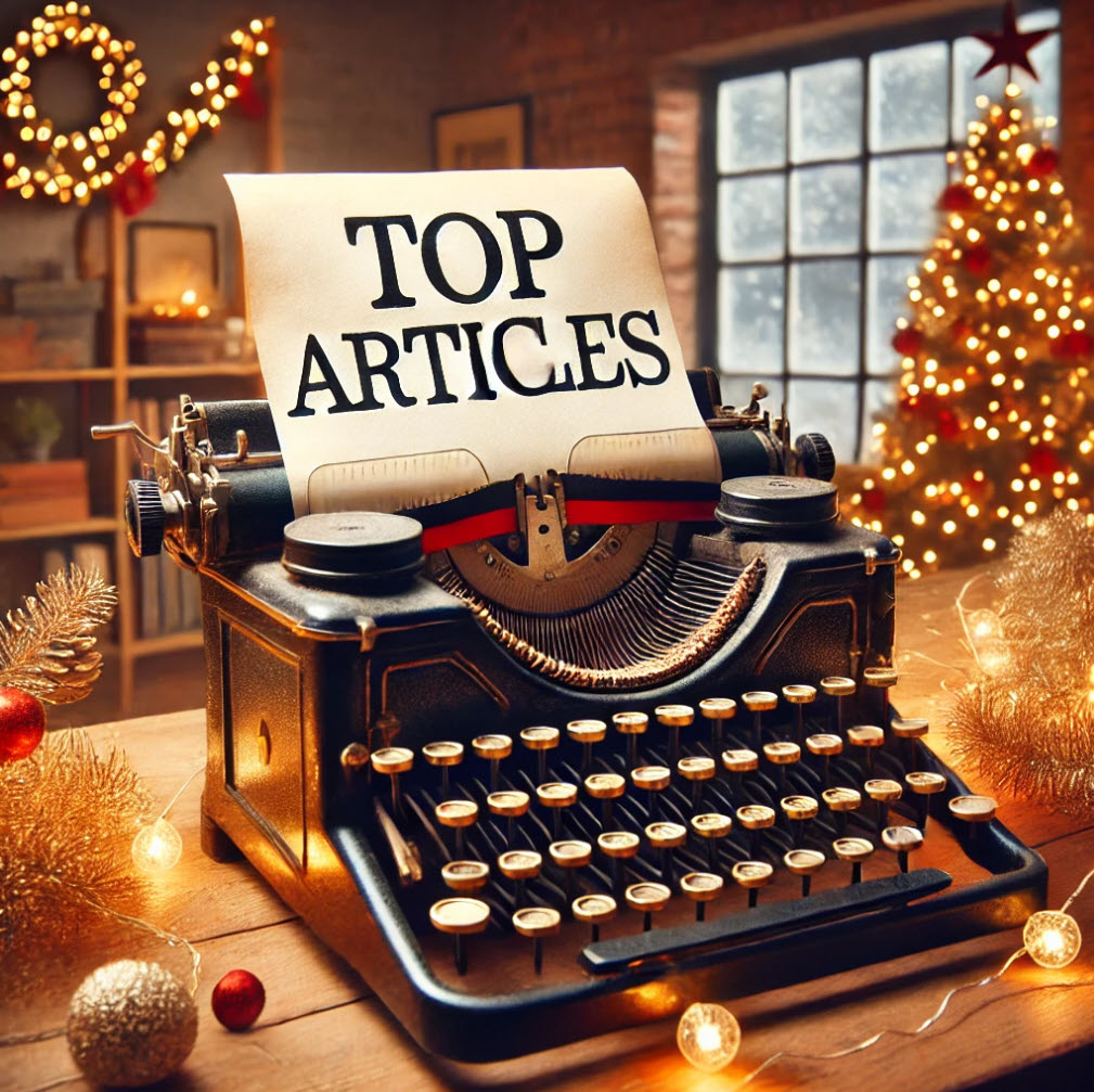 Typewriter on a desk at Christmas with "top articles" on the paper. AI generated by Dall-E, prompted by Jo Cook