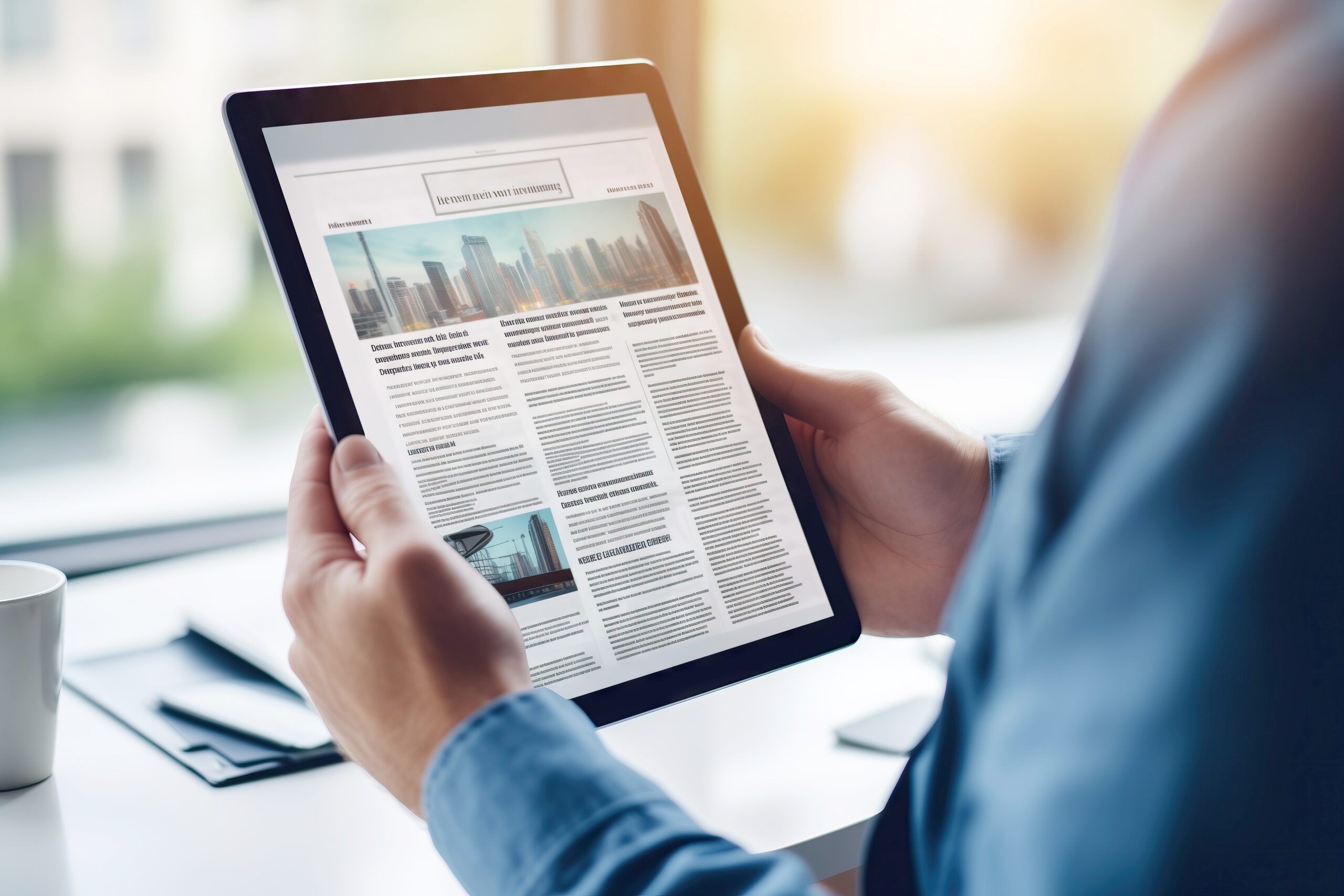 unrecognizable man Reading Digital Newspaper on Tablet in Office - news