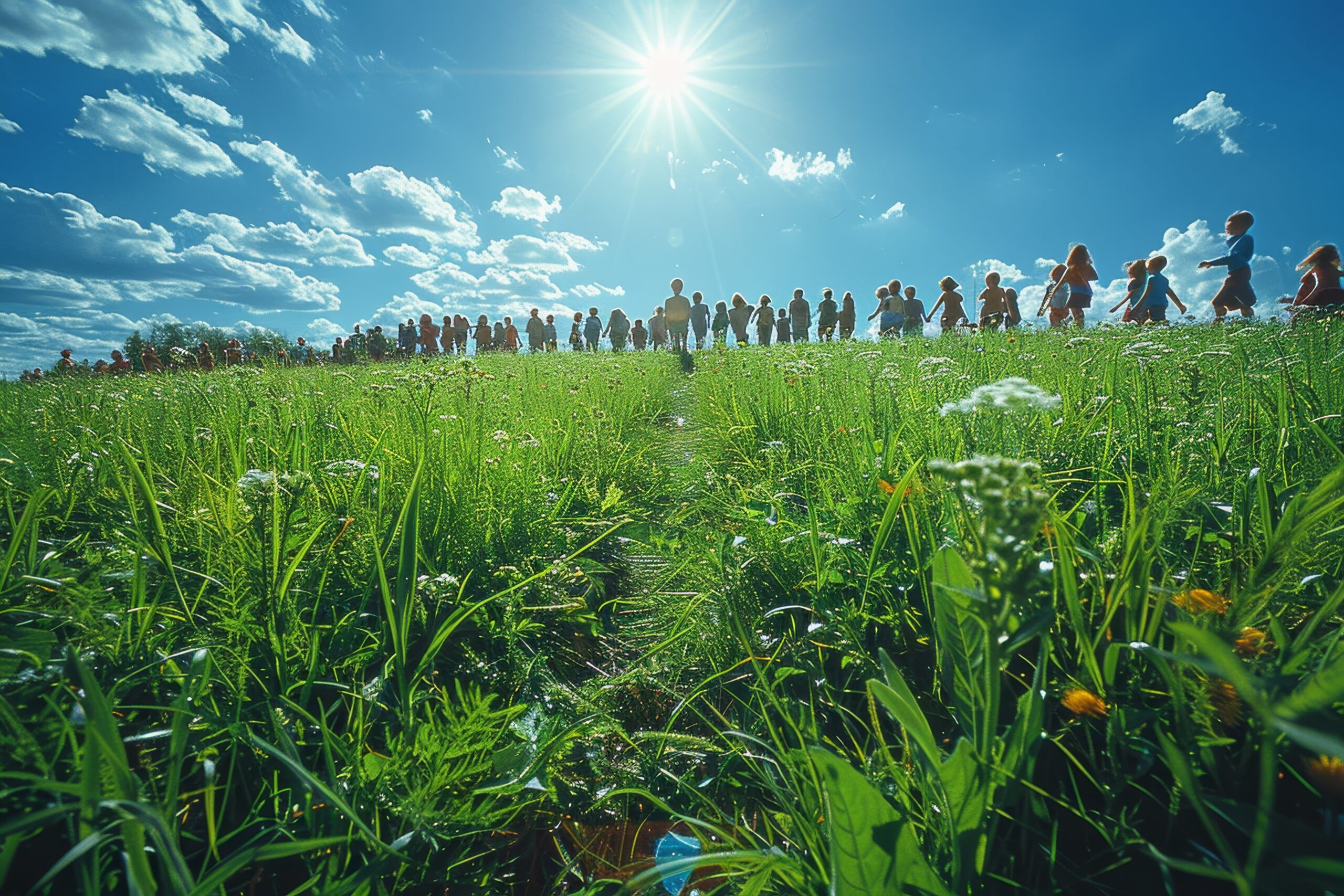 A diverse group of people queuing in a sunlit green field exemplifying community and shared experiences