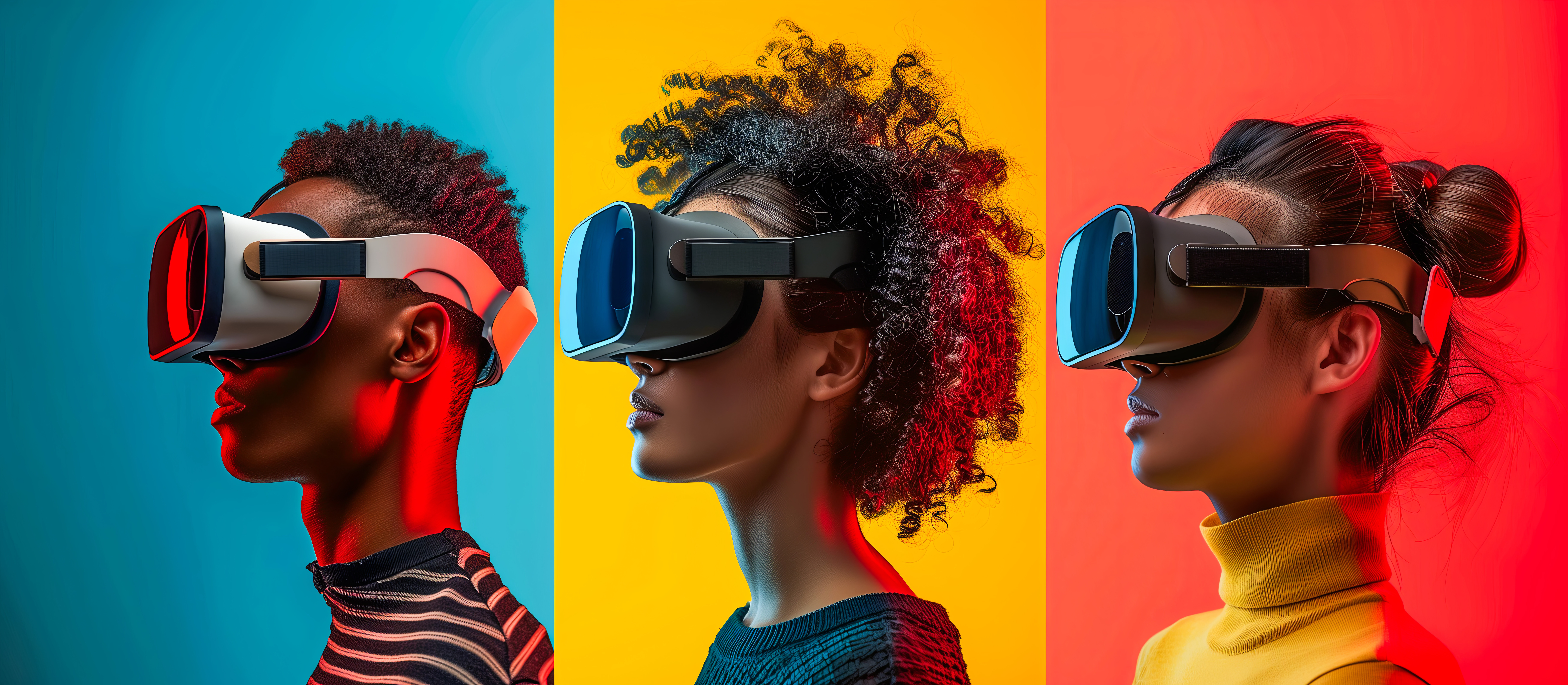 Three young people wearing VR glasses on a multicolored background, with a copy space concept banner showing an empty place for text