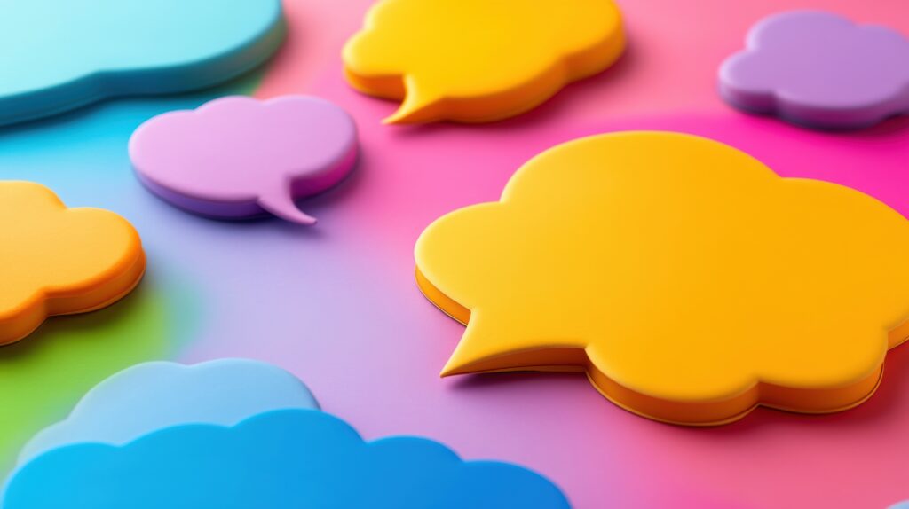 Colorful speech bubbles in various shapes and sizes create a lively, playful atmosphere against a vibrant background