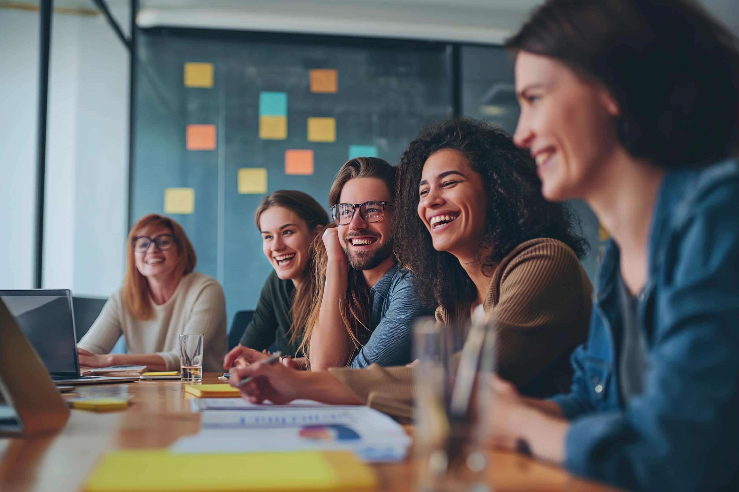 Employees smile during a strategic meeting of a startup of young workers.