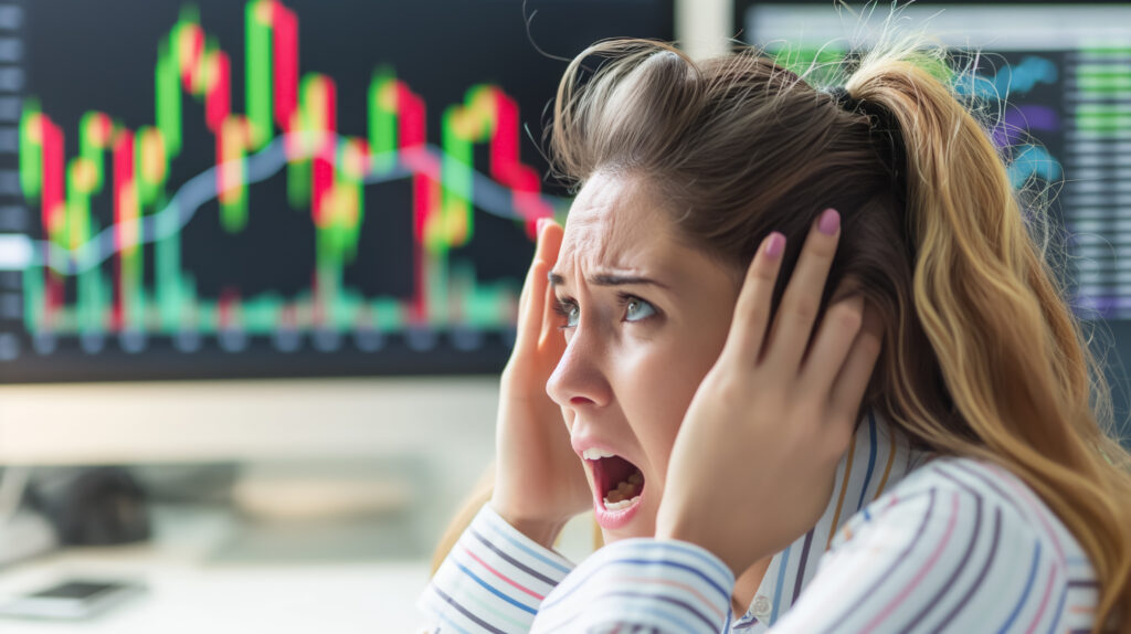 Woman with a distressed expression holds her head in frustration in front of screens showing stock market charts, symbolizing financial stress.